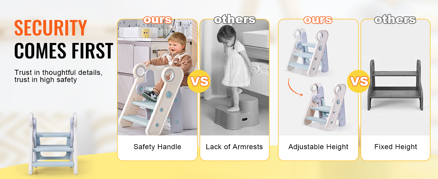 VEVOR toddler step stool comparison highlights safety handle, adjustable height vs. lack of armrests, fixed height.