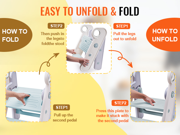 how to fold and unfold VEVOR toddler step stool instructions with images and text steps.
