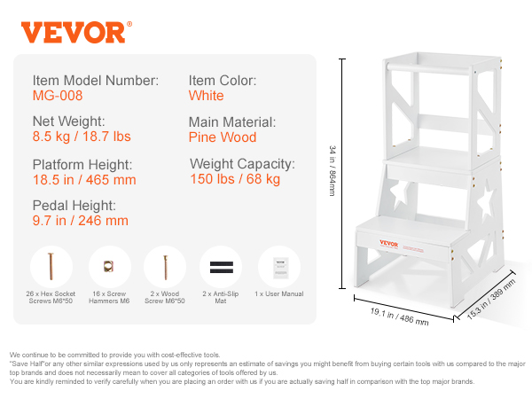 VEVOR toddler step stool, white pine wood, 34” height, 150 lbs capacity, includes hardware and manual.