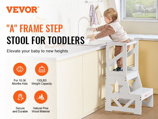 VEVOR toddler step stool in kitchen with a child, featuring durable natural pine wood and secure design.