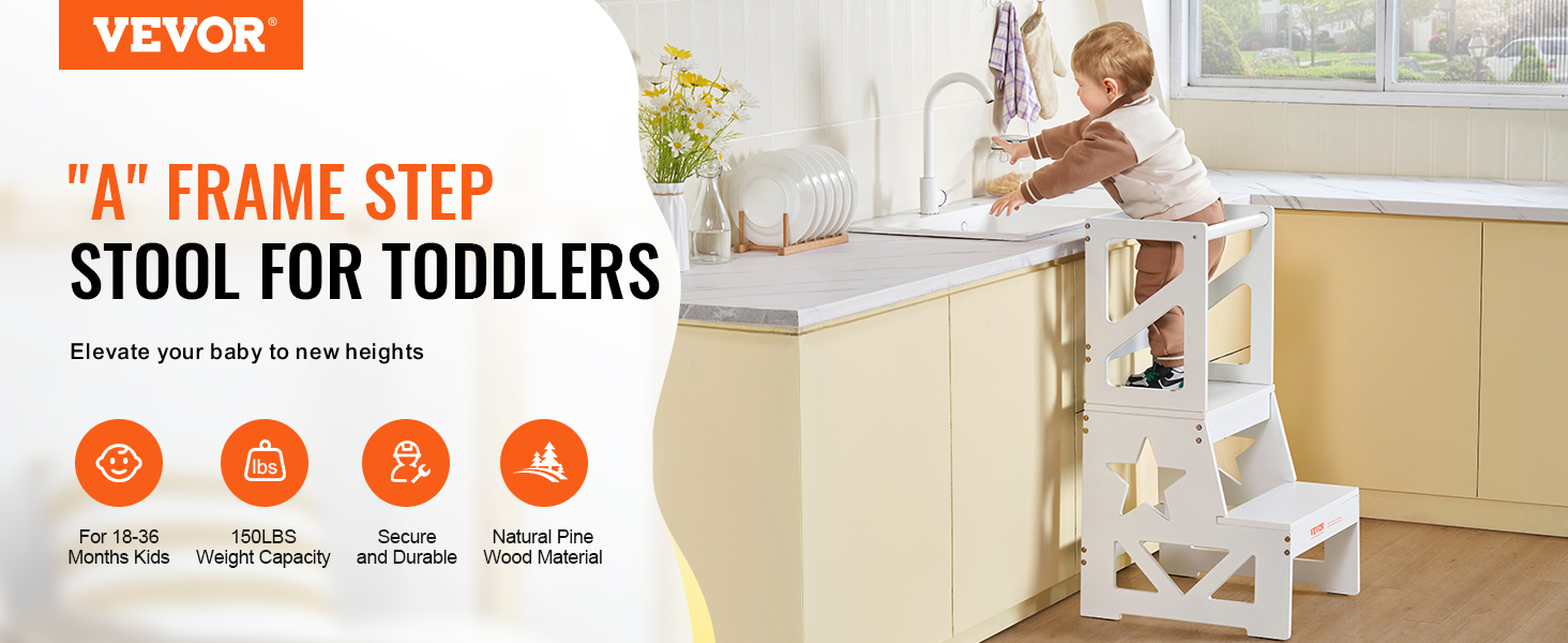VEVOR toddler step stool in kitchen with a child, featuring durable natural pine wood and secure design.