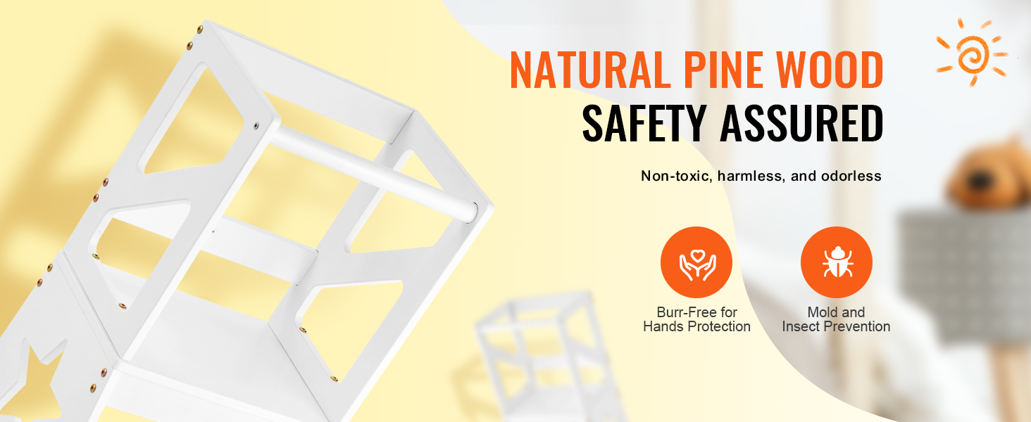 VEVOR toddler step stool made of natural pine wood with safety features and burr-free design for hands protection.