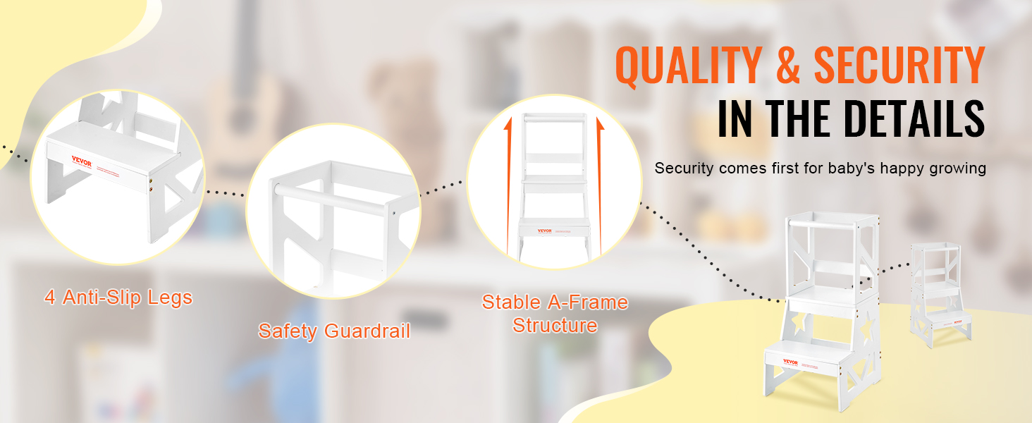 VEVOR toddler step stool with 4 anti-slip legs, safety guardrail, and stable a-frame structure.