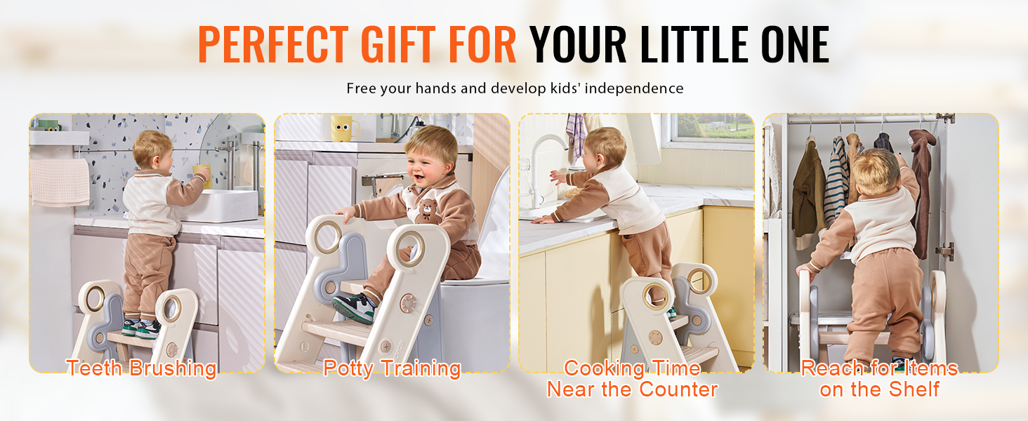 VEVOR toddler step stool used for teeth brushing, potty training, cooking time near the counter, and shelving.