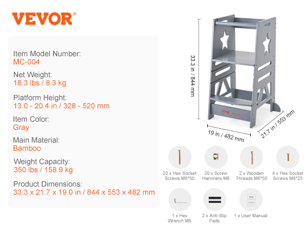 VEVOR tower step stool in gray bamboo, 33.3" tall, adjustable platform, 350 lbs capacity.