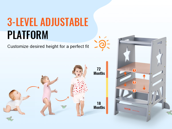 3-level adjustable VEVOR tower step stool suitable for children aged 18 to 72 months, customizable height.