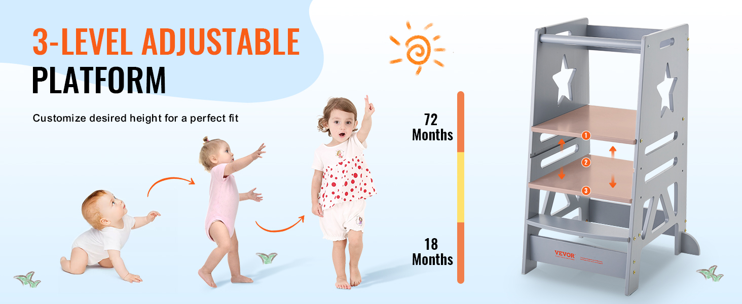 3-level adjustable VEVOR tower step stool suitable for children aged 18 to 72 months, customizable height.