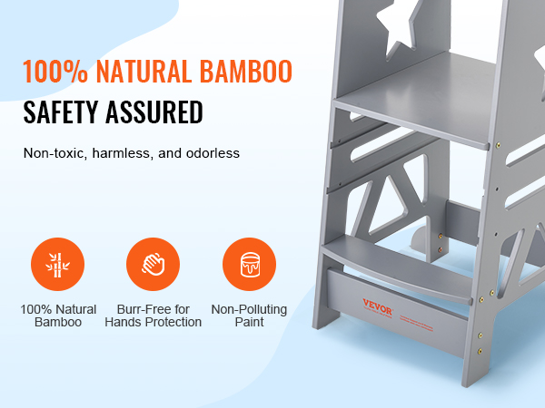 VEVOR tower step stool made of 100% natural bamboo, ensuring safety with non-toxic, burr-free, and non-polluting paint.