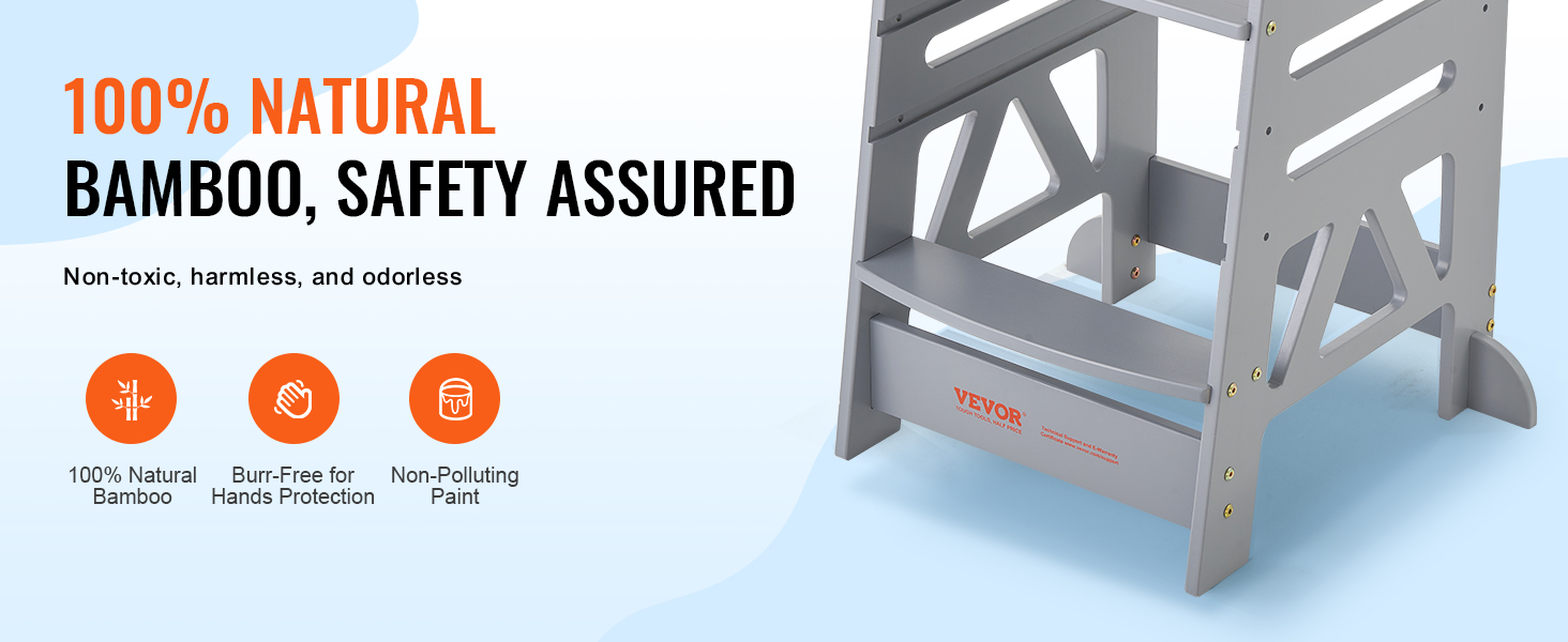 VEVOR tower step stool made of 100% natural bamboo, ensuring safety with non-toxic, burr-free, and non-polluting paint.