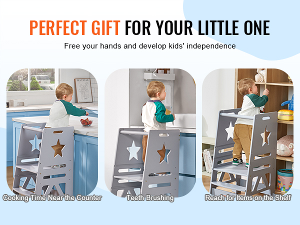 VEVOR tower step stool: ideal for kids to reach counters, brush teeth, and access shelves independently.