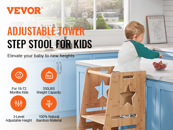 VEVOR tower step stool for kids in bamboo, adjustable height, 350lbs capacity, blue kitchen cabinets.