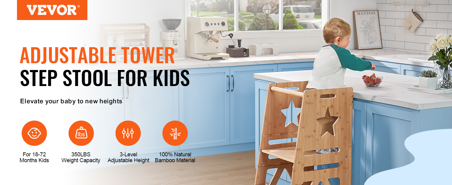 VEVOR tower step stool for kids in bamboo, adjustable height, 350lbs capacity, blue kitchen cabinets.