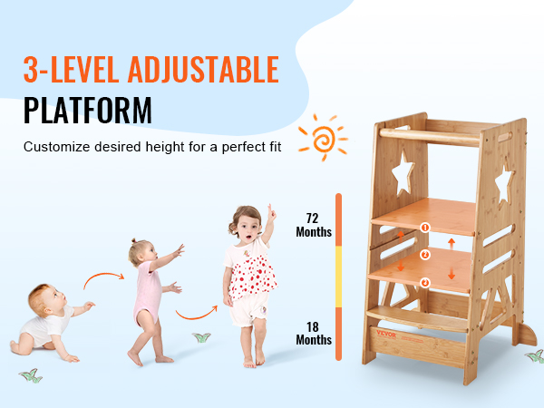 VEVOR tower step stool with 3-level adjustable platform for different child heights, ages 18-72 months.