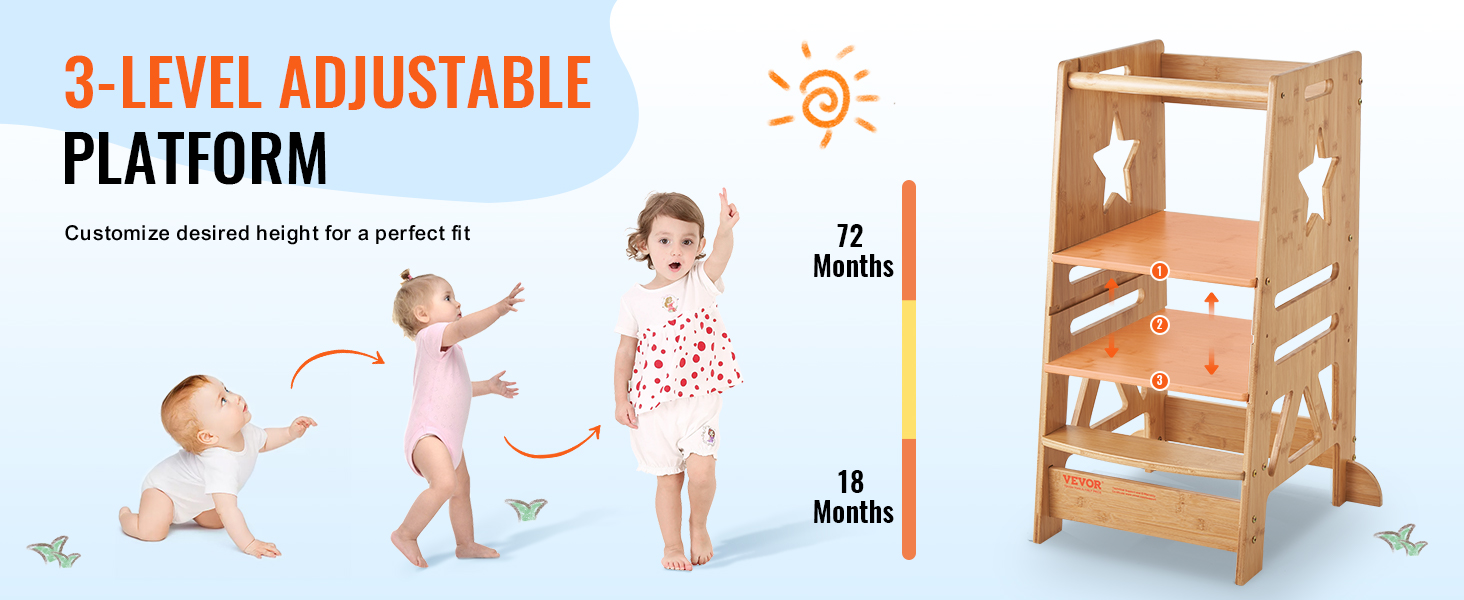 VEVOR tower step stool with 3-level adjustable platform for different child heights, ages 18-72 months.