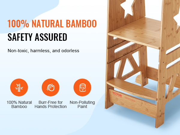 VEVOR tower step stool made of 100% natural bamboo, non-toxic, burr-free, with non-polluting paint.