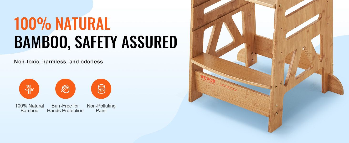 VEVOR tower step stool made of 100% natural bamboo, non-toxic, burr-free, with non-polluting paint.