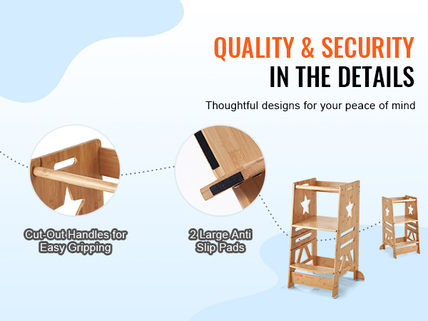 quality & security highlighted with VEVOR tower step stool featuring cut-out handles and anti-slip pads.
