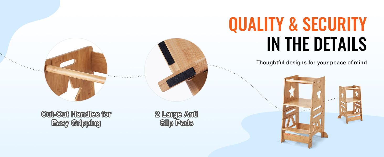 quality & security highlighted with VEVOR tower step stool featuring cut-out handles and anti-slip pads.
