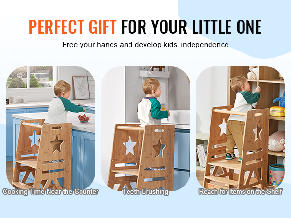 perfect gift for your little one: VEVOR tower step stool for cooking, teeth brushing, and reaching shelves.