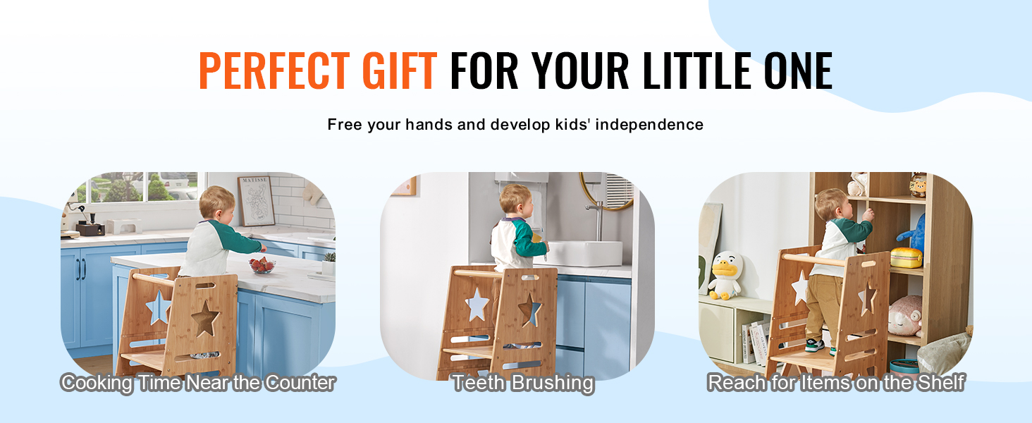 perfect gift for your little one: VEVOR tower step stool for cooking, teeth brushing, and reaching shelves.