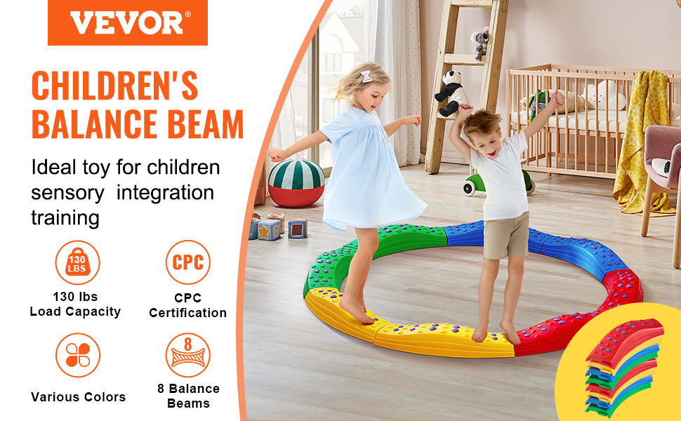 VEVOR kids balance beam set in various colors for sensory integration training with 130 lb load capacity.