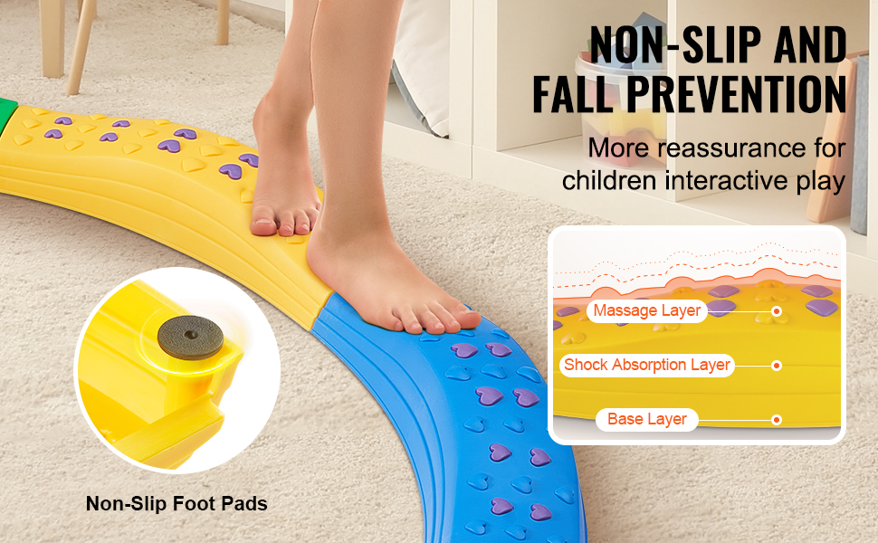 child's feet on colorful VEVOR kids balance beam with non-slip foot pads and layered structure for safety.