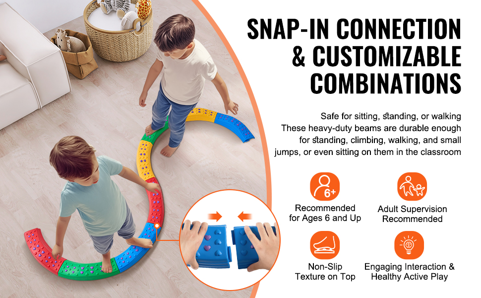 children playing on a colorful VEVOR kids balance beam with snap-in connection and customizable combinations.