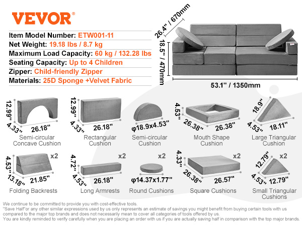 VEVOR play couch dimensions and cushion types with features and specifications. model etw001-11.