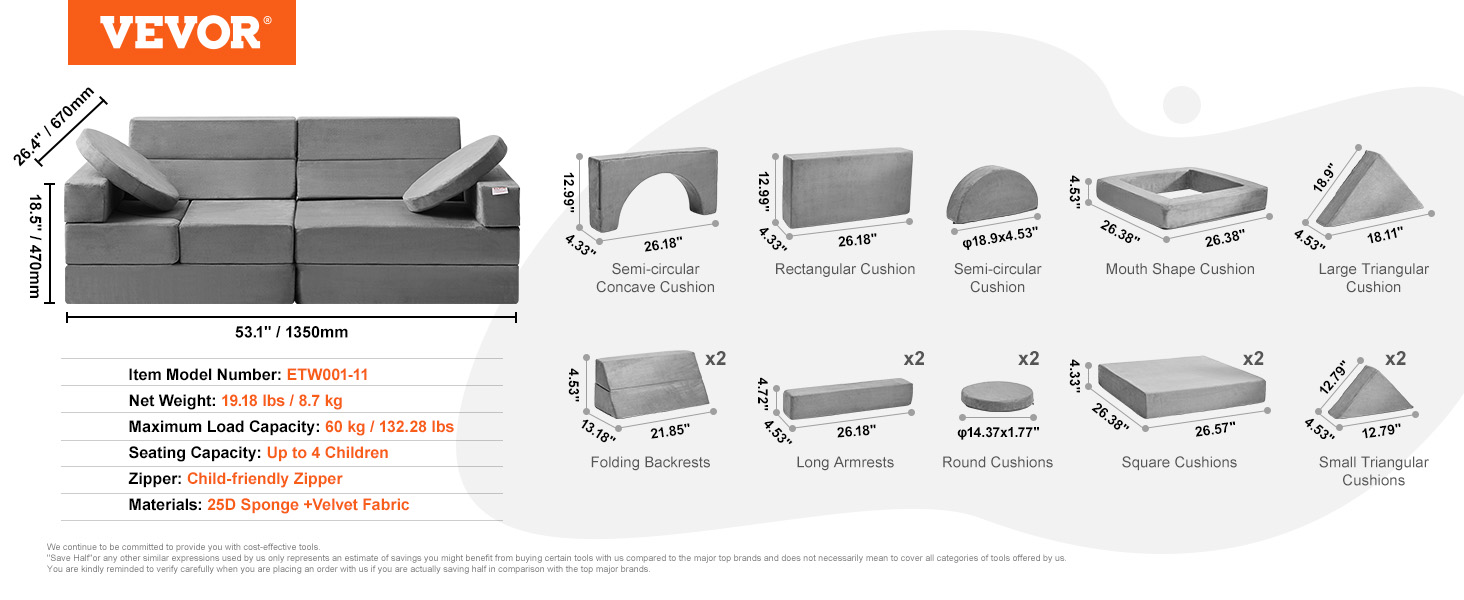 VEVOR play couch dimensions and cushion types with features and specifications. model etw001-11.