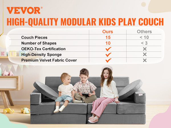 VEVOR play couch with 15 foam pieces, 10 shapes, oeko-tex certification, and premium velvet cover.