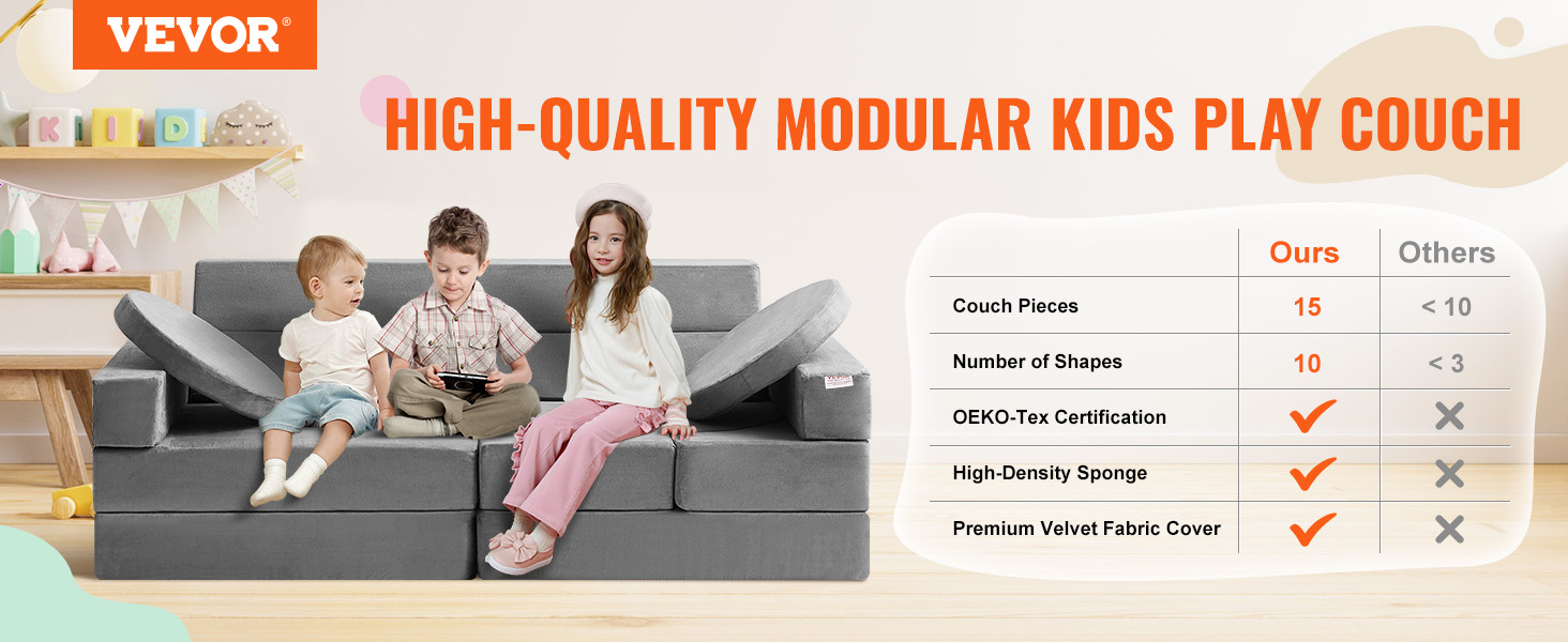 VEVOR play couch with 15 foam pieces, 10 shapes, oeko-tex certification, and premium velvet cover.