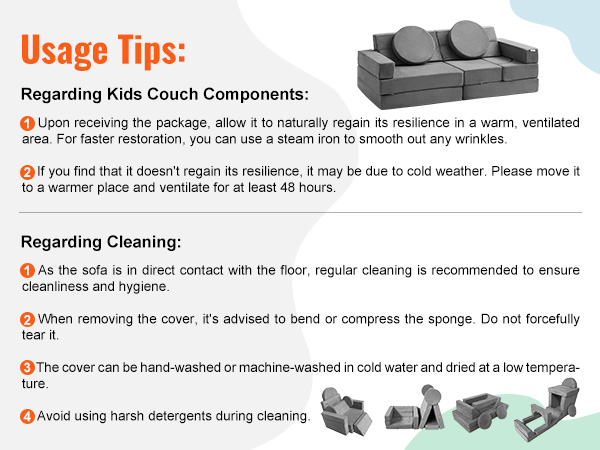 gray modular VEVOR play couch with detachable pieces, tips on component care, and cleaning instructions.