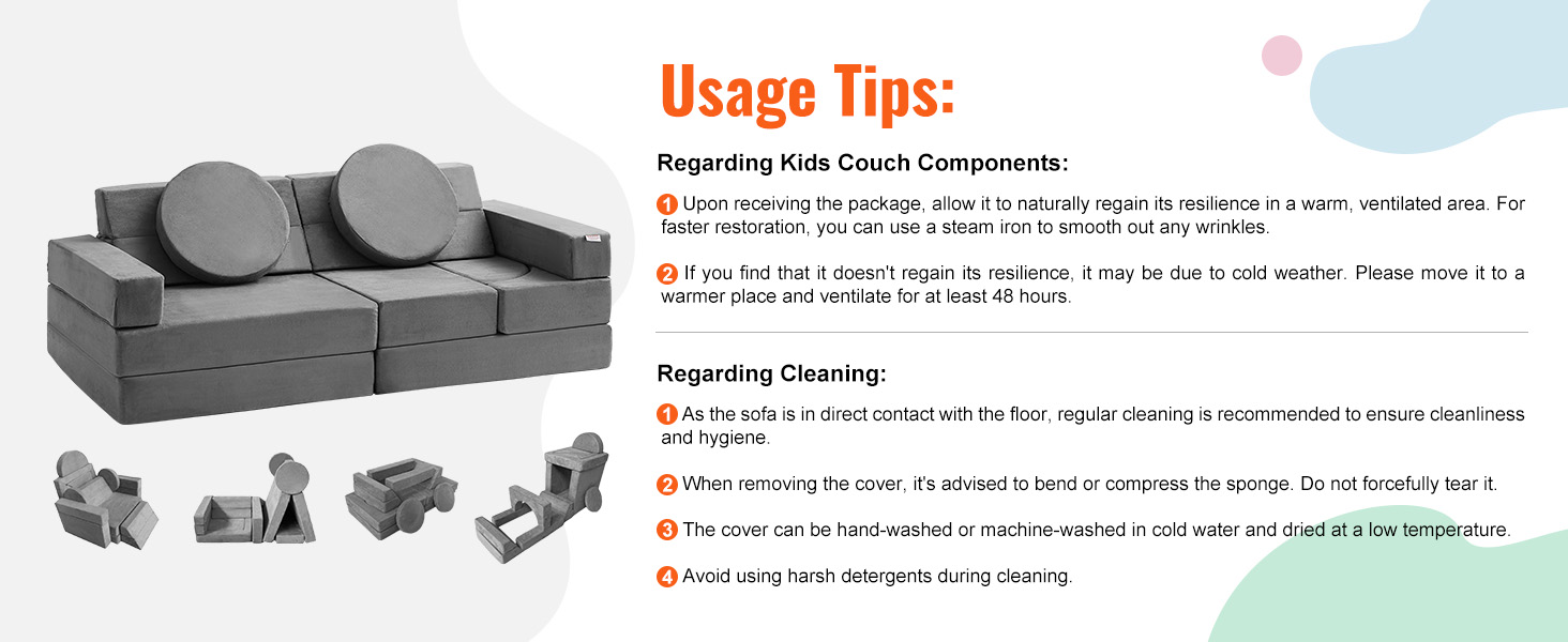 gray modular VEVOR play couch with detachable pieces, tips on component care, and cleaning instructions.