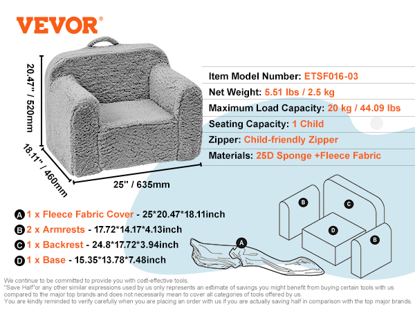 VEVOR kids armchair, gray fleece cover, 20kg capacity, child-friendly zipper, dimensions: 25"x20.47"x18.11".