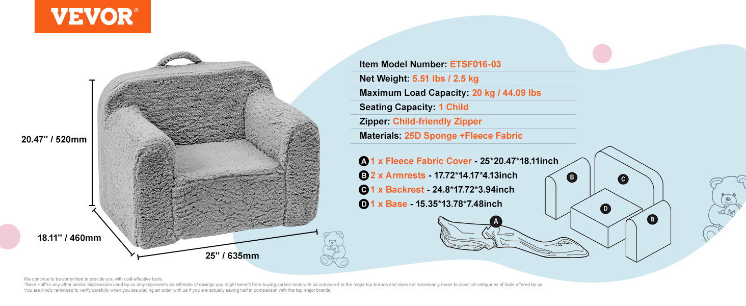 VEVOR kids armchair, gray fleece cover, 20kg capacity, child-friendly zipper, dimensions: 25"x20.47"x18.11".