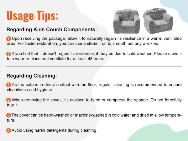 gray VEVOR kids armchair with cleaning and usage tips, featuring plush texture on a white background.