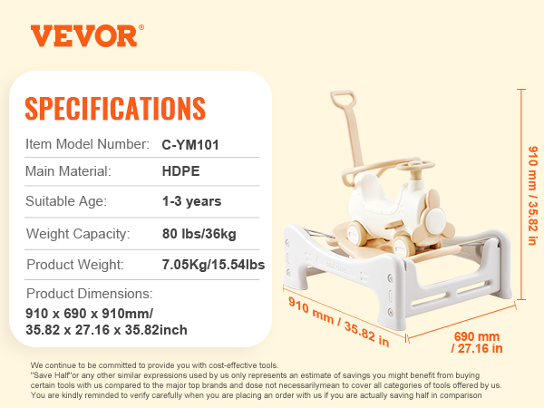 VEVOR ride on toy specs: dimensions 910x690x910mm, hdpe, for ages 1-3, weight capacity 80 lbs.