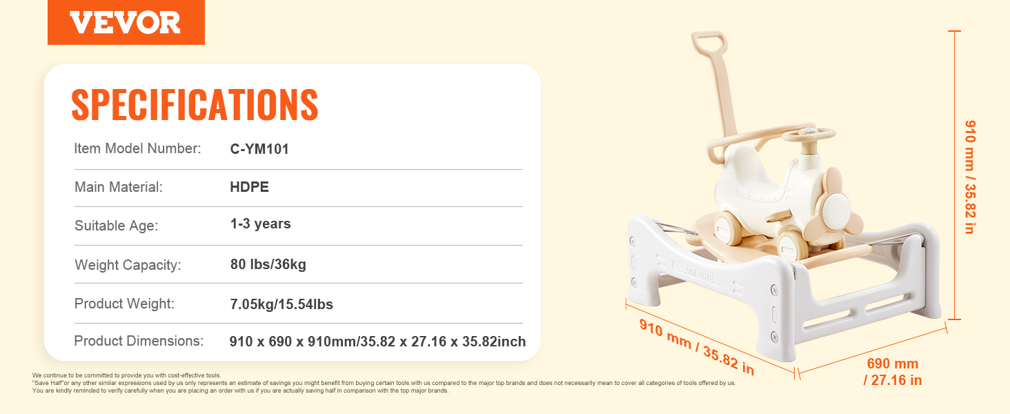 VEVOR ride on toy specs: dimensions 910x690x910mm, hdpe, for ages 1-3, weight capacity 80 lbs.