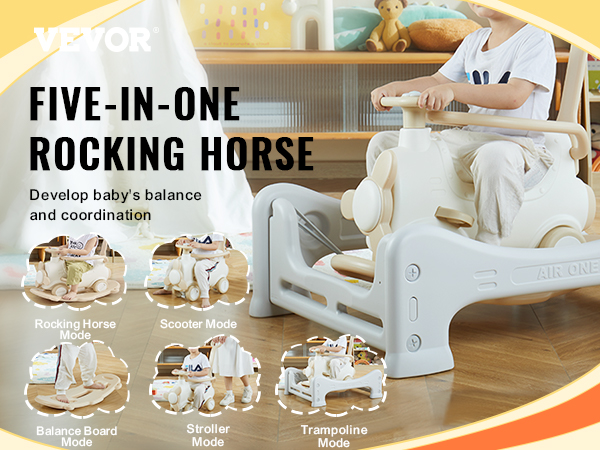 VEVOR ride on toy, five-in-one rocking horse promoting balance and coordination, versatile play modes.