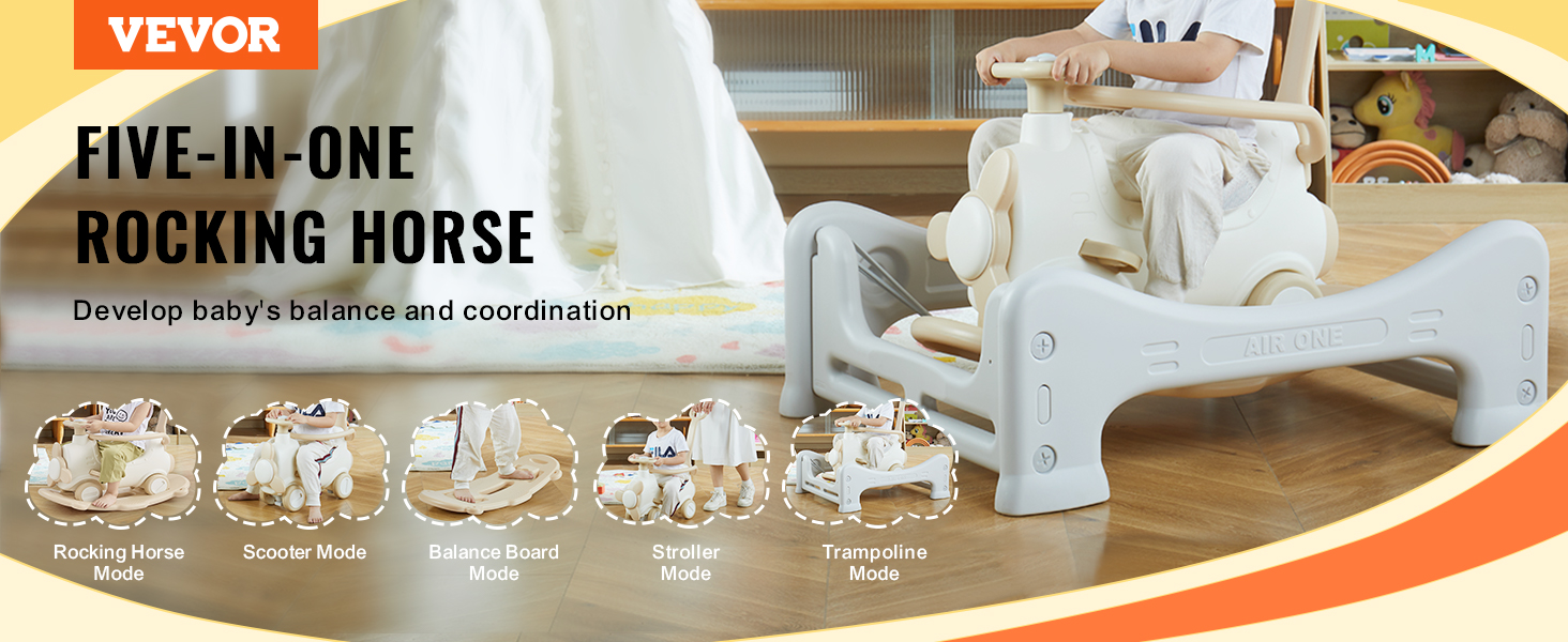 VEVOR ride on toy, five-in-one rocking horse promoting balance and coordination, versatile play modes.