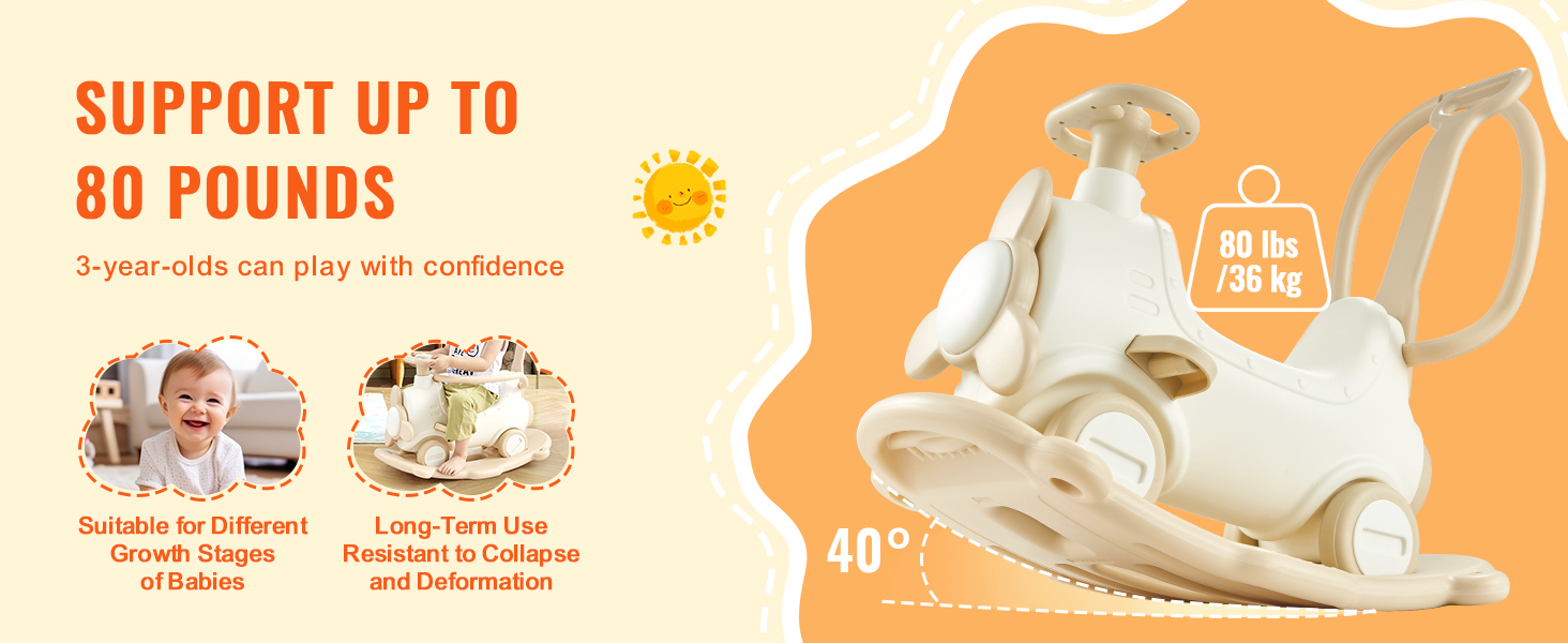 VEVOR ride on toy supports up to 80 lbs, suitable for 3-year-olds, resistant to collapse and deformation.