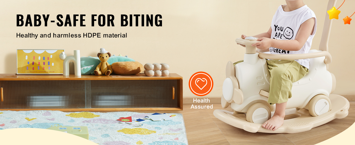 child on a VEVOR ride on toy with baby-safe hdpe material, wooden shelf, and plush toys in background.