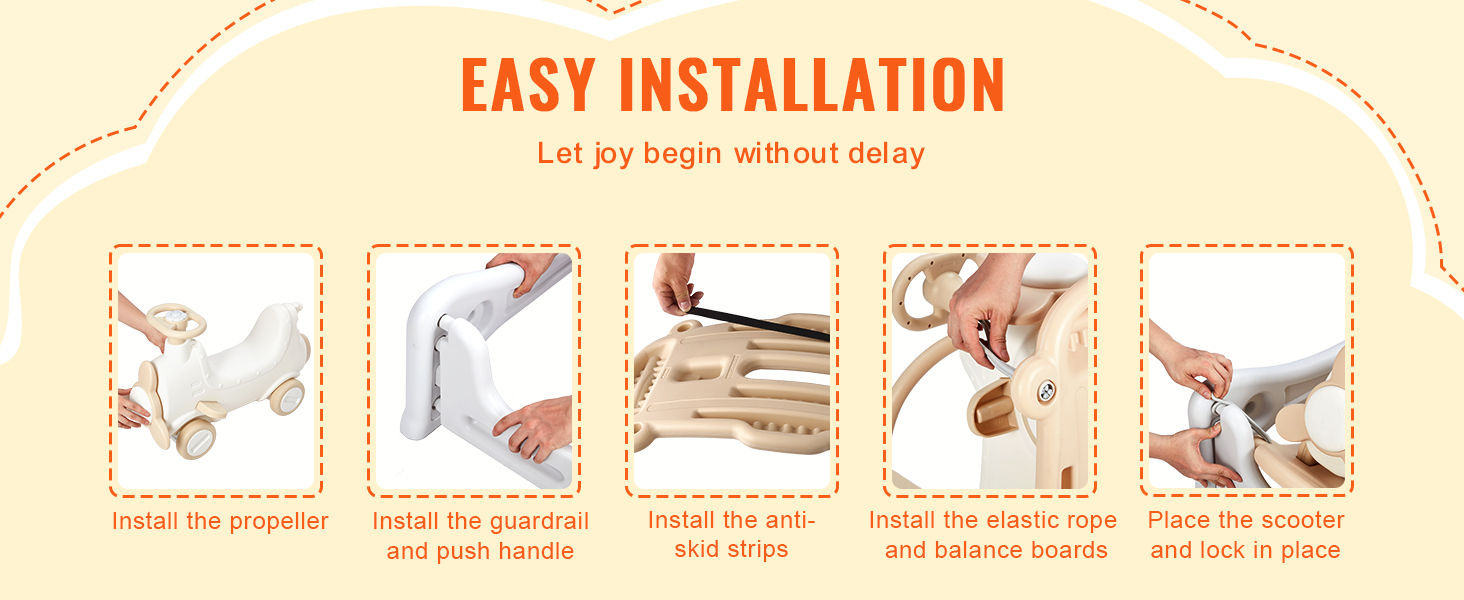 easy assembly of VEVOR ride on toy: install propeller, guardrail, anti-skid strips, elastic rope, balance boards.