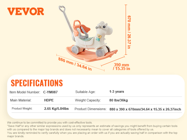 VEVOR rocking horse specifications include hdpe material, 80lbs capacity, and dimensions of 880x390x670mm.