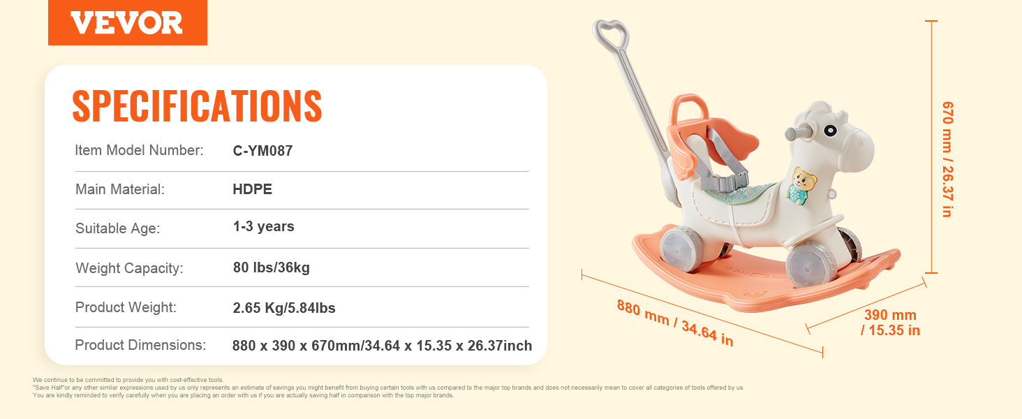 VEVOR rocking horse specifications include hdpe material, 80lbs capacity, and dimensions of 880x390x670mm.