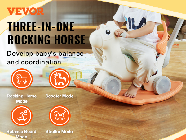 VEVOR rocking horse: 3-in-1 design for baby's balance. features rocking, scooter, balance board, stroller mode.