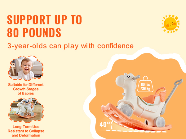 VEVOR rocking horse supports up to 80 pounds, suitable for 3-year-olds, with long-term durability.