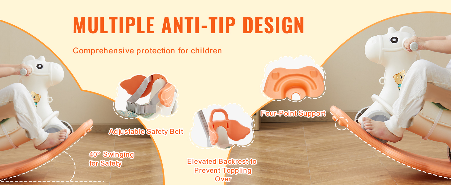 VEVOR rocking horse with adjustable safety belt, four-point support, elevated backrest, and 40° swing for safety.