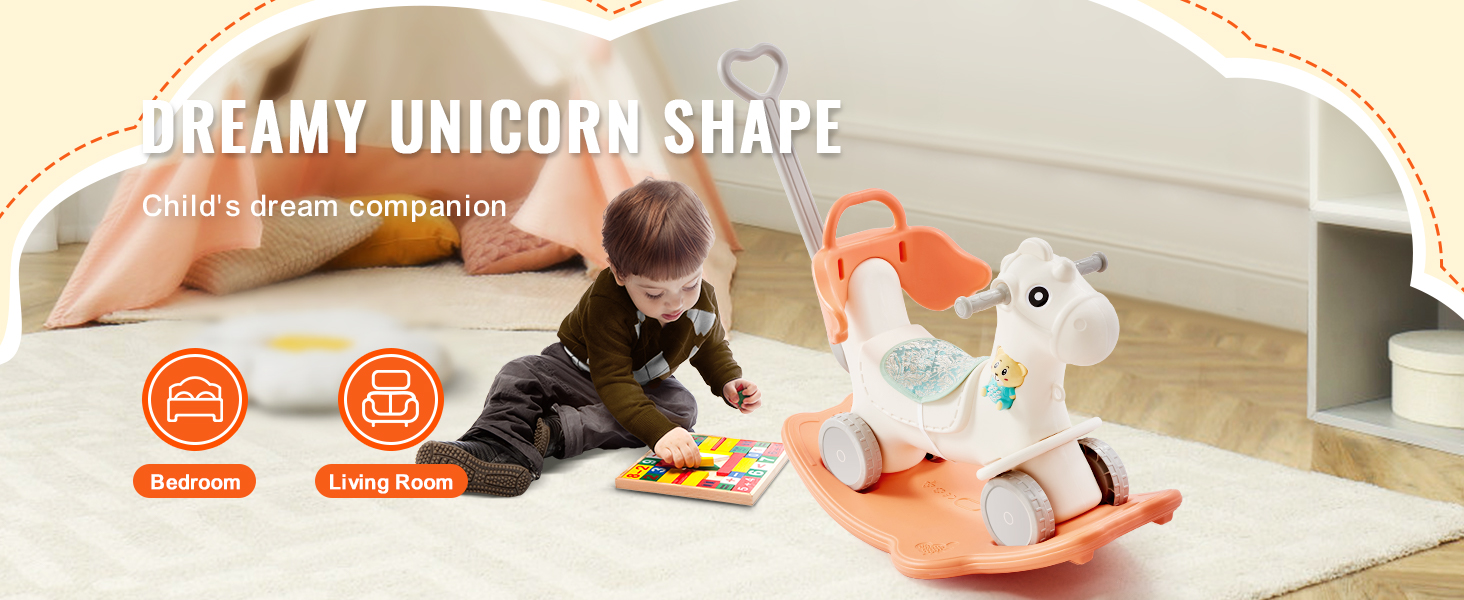 child playing next to VEVOR rocking horse in a cozy bedroom setting, featuring unicorn design.