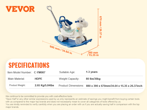 VEVOR rocking horse, hdpe, suitable age 1-3 years, weight capacity 80 lbs, dimensions 880x390x670mm.